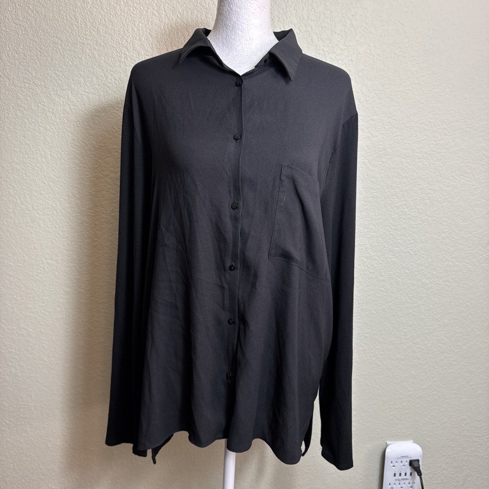 Ann Taylor Women's Top Black XL Burton Front Long Sleeve Blouse Stretch